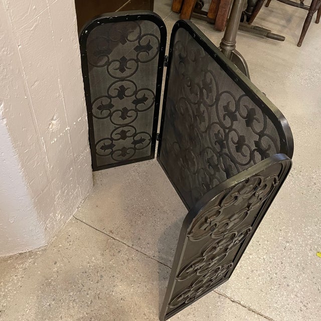 Mid 20th Century Hollywood Regency Scrolled Iron and Mesh Trifold Fireplace Screen For Sale - Image 9 of 10