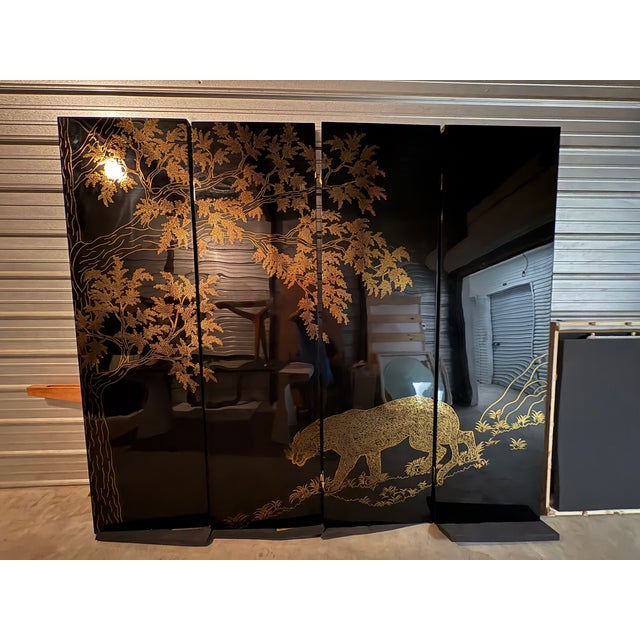 Art Deco 1980s Black Lacquer and Brass Room Divider Screen For Sale - Image 3 of 15
