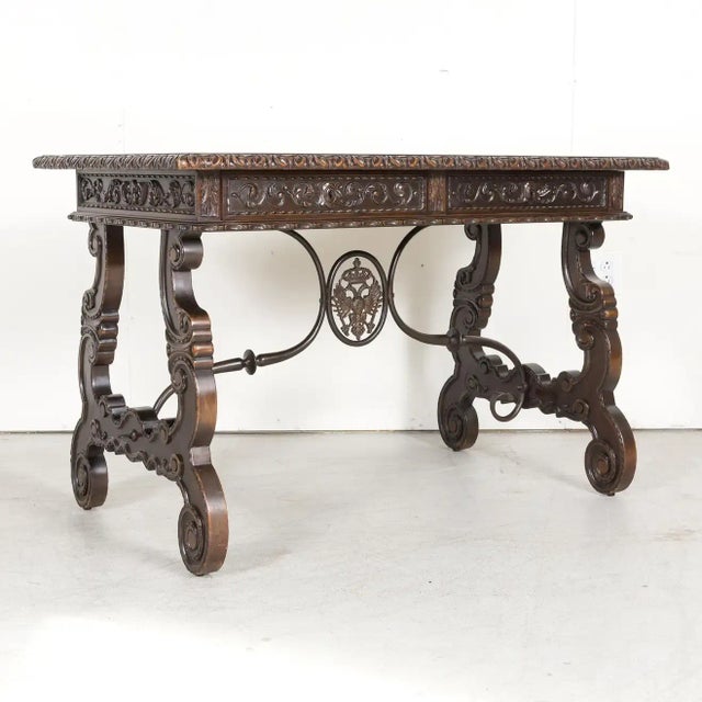 Baroque 19th Century Spanish Baroque Style Walnut Lyre Leg Writing Table or Side Table For Sale - Image 3 of 13