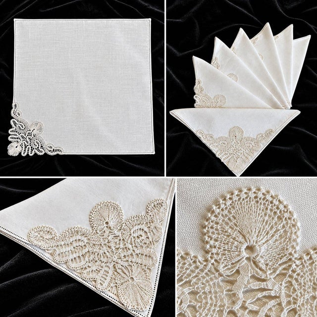 Beautiful linen napkins featuring delicate floral lace in one corner and fine hemstitch detailing along the edges. Perfect...