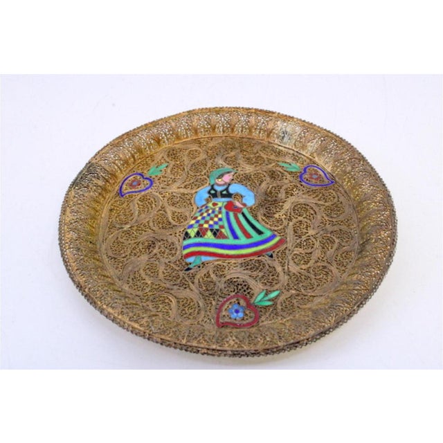 Silver Bowl with Gilded Filigree and Enamel Figure, in Very Good conditions. Designed 1920 to 1949 This piece has an...