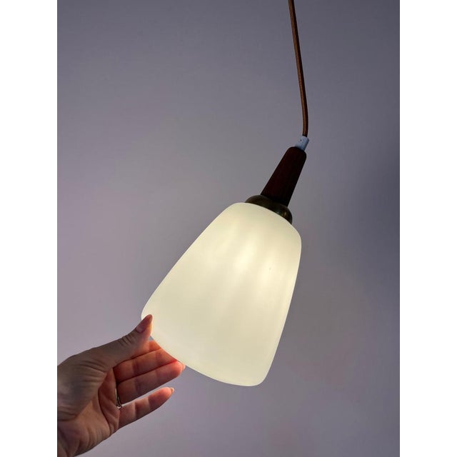 Opal Glass Pendant Lamp with Teak and Brass Cable, Denmark For Sale - Image 4 of 11