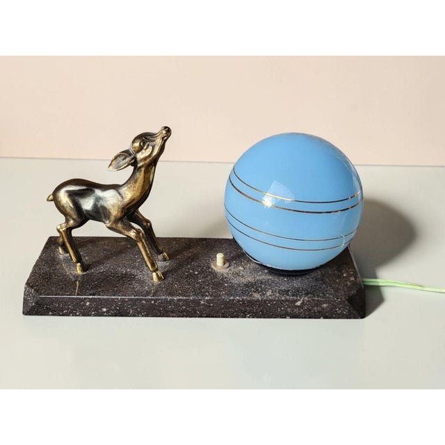 Art Deco Night Light with Fawn Motif, Gilt Spelter and Blue Opaline Globe, France, 1930 For Sale - Image 4 of 8