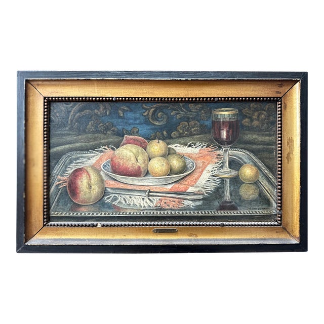 Late 19th Century Still Life Painting, Wine and Peaches on Silver Tray, Framed For Sale