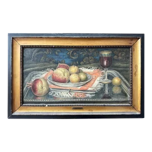 Late 19th Century Still Life Painting, Wine and Peaches on Silver Tray, Framed
