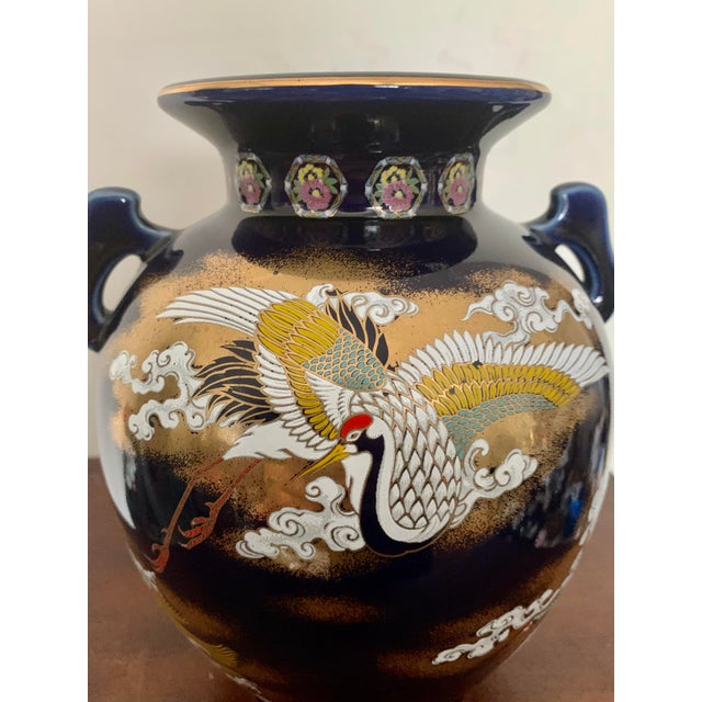 Cobalt Blue Japanese Hand Painted Kutani Porcelain Vase With Crane, Flower and Turtle Design For Sale In San Diego - Image 6 of 9