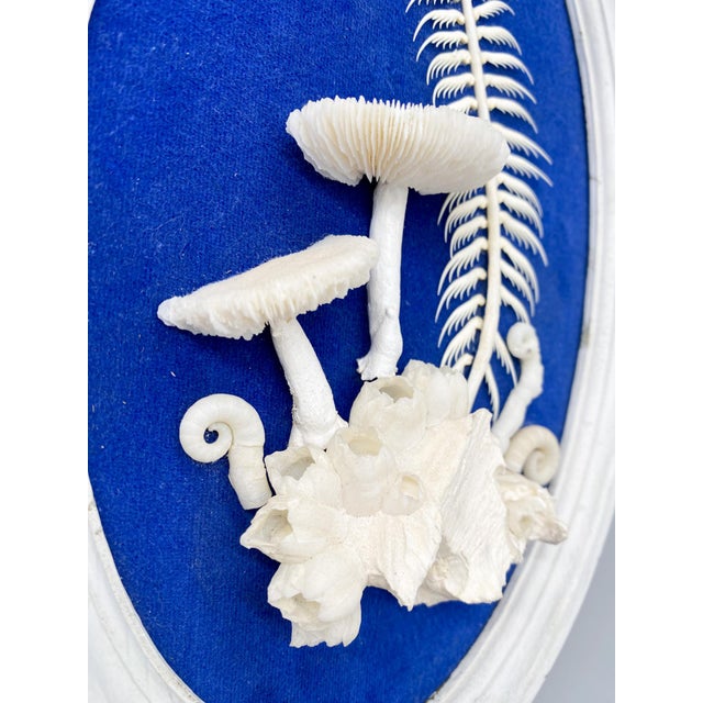Vintage Framed Shell Art White Mushroom Motif With Blue Background Signed by Artist Chairish