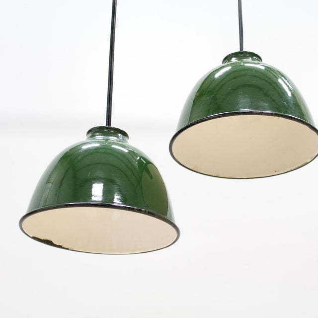 Two Small Industrial Green and White Enamel Domed Factory Pendant Shades For Sale - Image 4 of 11