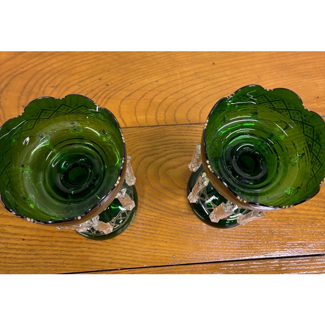 Antique C 1880-1900 Victorian Bohemian Emerald Green Glass Mantle Lustres - Pair For Sale - Image 11 of 14