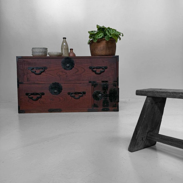 Wood Low Antique Japanese Kimono Tansu Cabinet, 1910s For Sale - Image 7 of 13