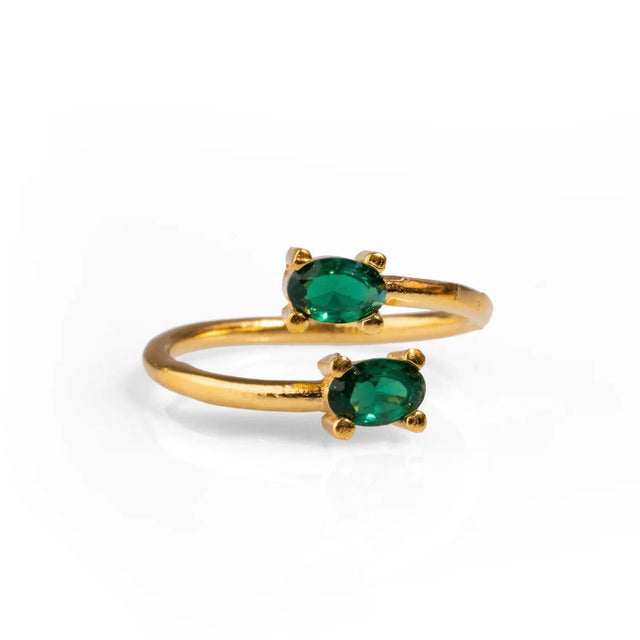 Double Emerald Stone & Gold Dainty Adjustable Ring, Size 4 For Sale - Image 9 of 9