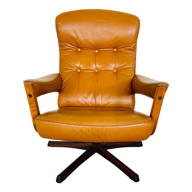 Vintage Swedish Leather Reclining Swivel Chair from Göte Möbler, 1970 For Sale
