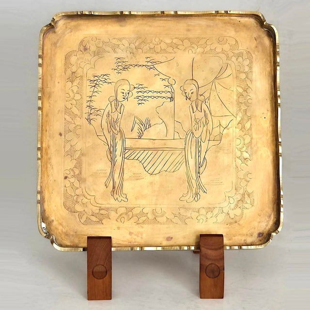 Offered is a mid to late 19th Century - Qing Dynasty - square opium tray with vertical scalloped rim and recessed corners,...