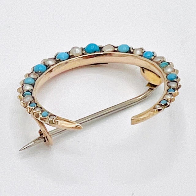 Antique 9ct Gold, Turquoise and Natural Seed Pearl Crescent Brooch ...