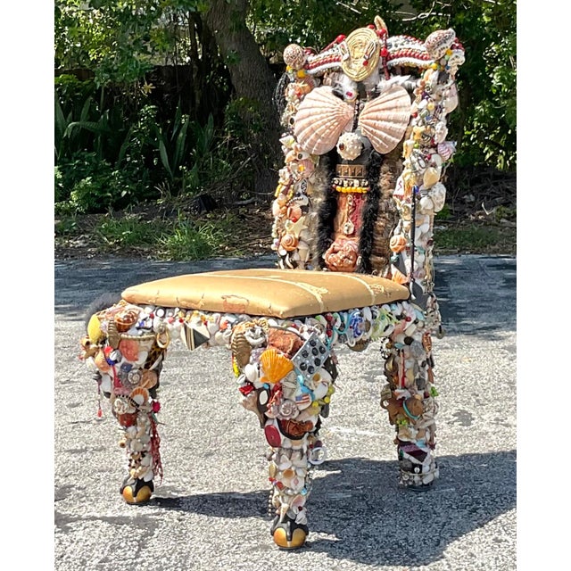 Boho Chic Vintage Boho Artisan Found Object and Shell Encrusted Chair For Sale - Image 3 of 6