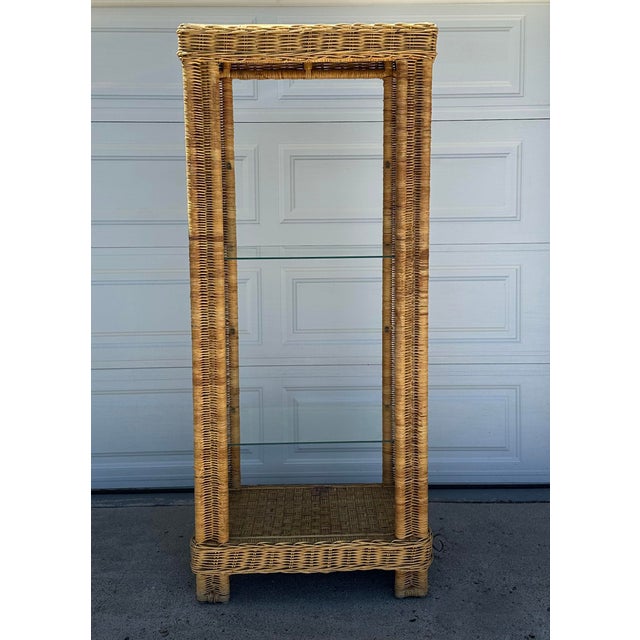 Shabby Chic Tall Rattan Etagere Display Case With Glass Shelves For Sale - Image 3 of 9
