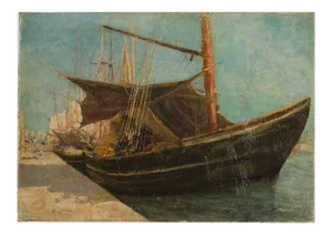 Frederic Montenard (French, 1849-1926), "Fishing Boats in a Harbor", Oil on Canvas