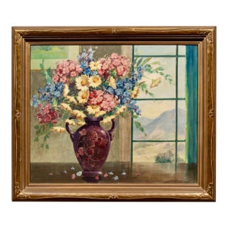 American School (20th Century), "Flower Vase by the Window," Oil on Canvas, Signed "Van Fleet" Framed For Sale