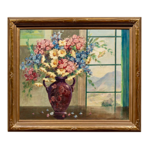 American School (20th Century), "Flower Vase by the Window," Oil on Canvas, Signed "Van Fleet" Framed