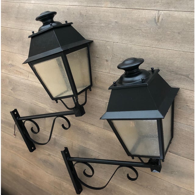 1950s Pair of Substantial Exterior Iron Lanterns on Brackets For Sale - Image 11 of 12