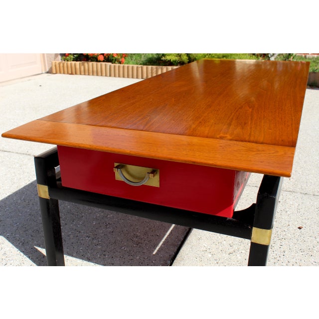 Mid-Century Modern Mid-Century Modern Asian-Inspired Coffee Table by Michael Taylor Style for Baker – 1960s Red Drawer Butternut & Teak Accent Table For Sale - Image 3 of 17