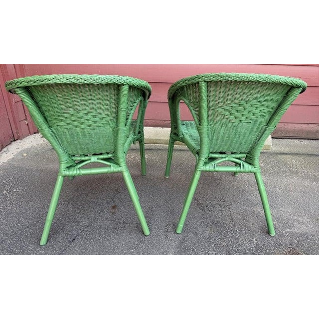 Wood 1940s Original Painted Mint Green Wicker Chairs -Pair For Sale - Image 7 of 8