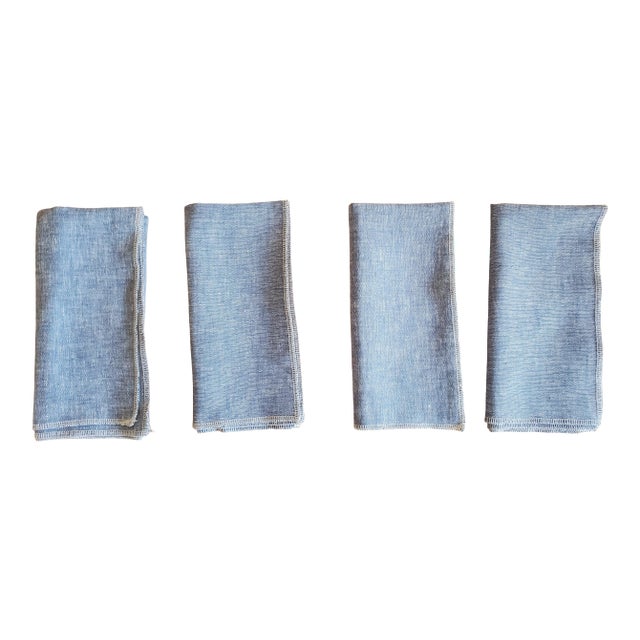 Linen Napkins in Light Blue Yarn Dyed With White Overlock Edging - Set of 4 For Sale