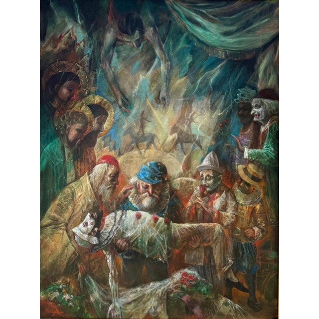 Jonah Kinigstein, Large Oil Painting Circus Scene Clowns Rediscovered NY Artist Jonah Kinigstein, c. 1950s For Sale - Image 11 of 16