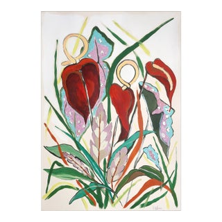 2025, Illustration Style, Vertical Painting of Exotic Flamingo Bouquet, Acrylic Painting on Watercolor Paper by Romina Milano For Sale