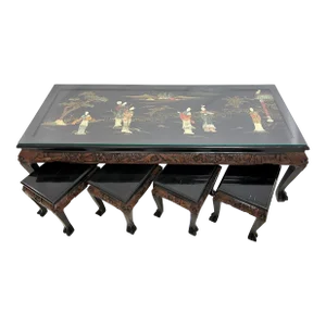 Mid 20th Century Chinoiserie Carved Fruitwood and Stone Coffee Table With Stools and Glass Top- 5 Pieces