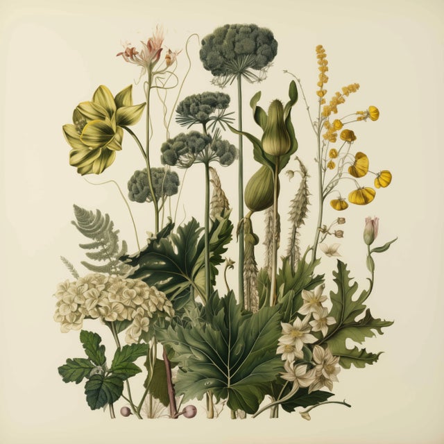This fine art print reproduces a beautifully detailed 19th-century botanical illustration depicting an elegant arrangement...