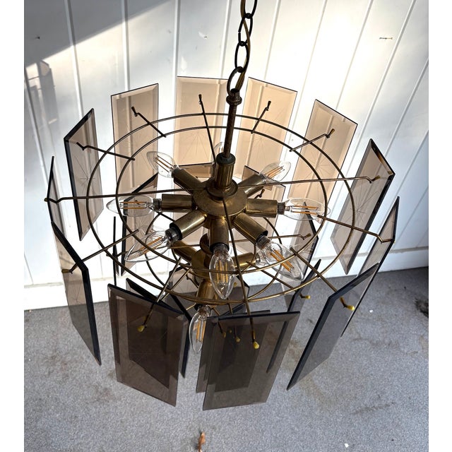 1970s 1970s Smoky Glass Pane & Brass Chandelier For Sale - Image 5 of 5