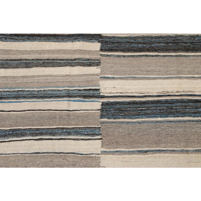 Modern Flat-Weave Kilim Wool Rug With Abstract Design in Beige and Blue For Sale - Image 9 of 10