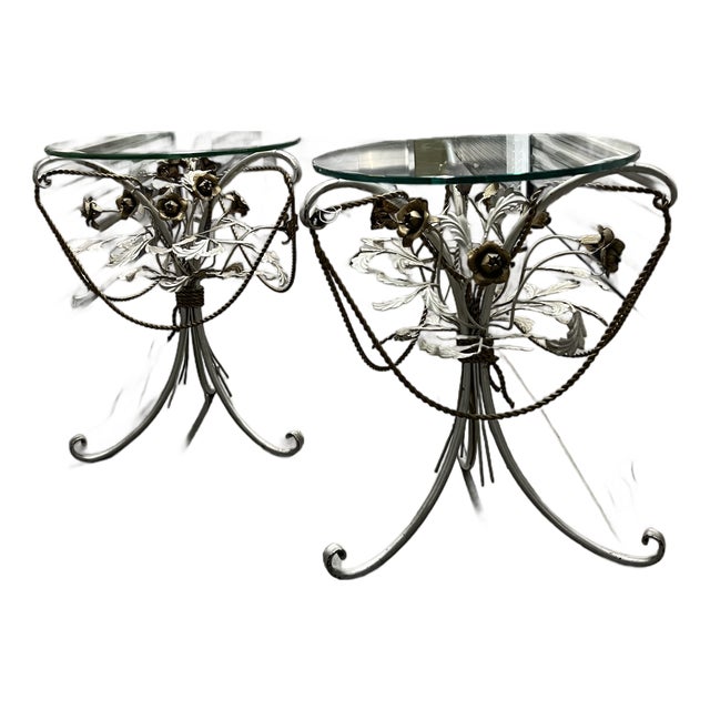 Italian Mid Century Mixed Metal Wrought Iron Side Tables, Glass Top Pair For Sale