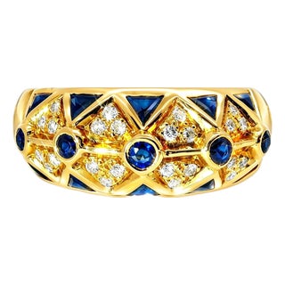 Late 20th Century 18K Yellow Gold Le Vian Sapphire Diamond Mosaic Band Ring, Size 7.5 For Sale