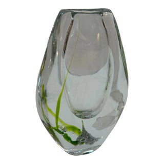 Kosta Boda Hand Blown Thick Glass Vase With Frosted Fish Signed and Numbered 348b For Sale