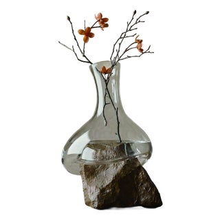 Sculptural Glass Decanter Vase With Natural Gobi Desert Stone – One of a Kind Art Glass For Sale