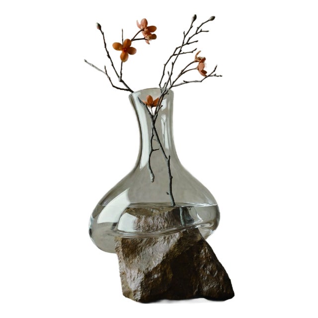 Sculptural Glass Decanter Vase With Natural Gobi Desert Stone – One of a Kind Art Glass For Sale