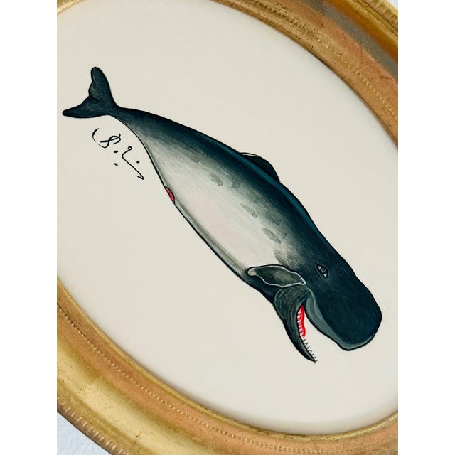 Nautical Original Hand-Painted Whimsical Baby Whale Painting in a Vintage Italian Gold Frame For Sale - Image 3 of 3