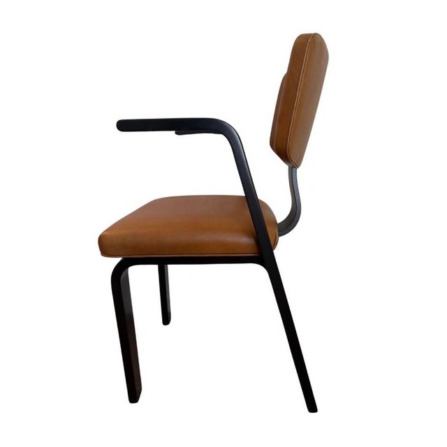 Mid-Century Modern Set of 6 Mid-Century “Thonet” Ebony Wood Arm Chairs in Brown Upholstery For Sale - Image 3 of 6