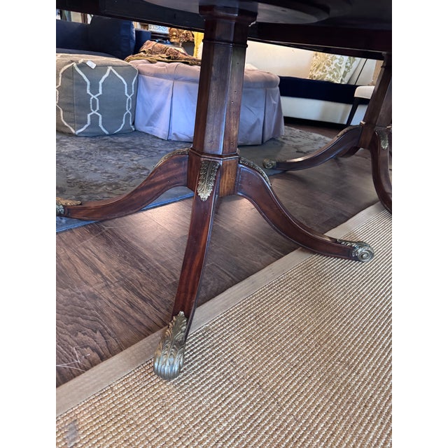 Wood Regency Style Burl Wood Double Pedestal Dining Table With Brass Greek Key Inlay & Two 25” Leaves For Sale - Image 7 of 12