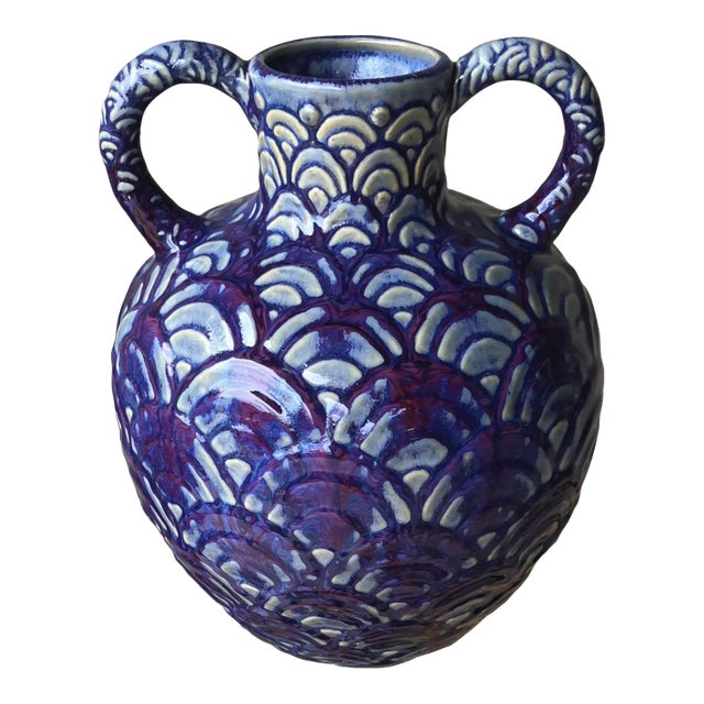 Late 20th-Century Safi-Style Earthenware Dual-Handled Pottery Vessel Drenched in Deep Cobalt Blue & Byzantium Purple, Mexico For Sale