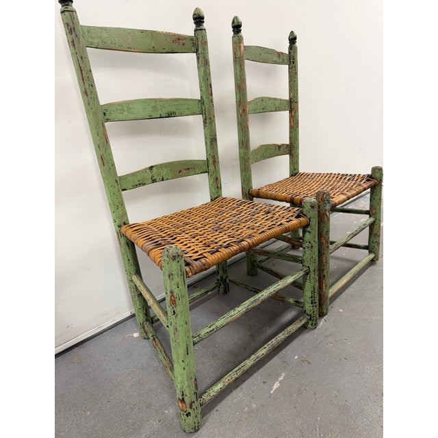Green Gorgeous Pair of Distressed Early American Shaker-Style Ladder Back Chairs With Original Green Paint For Sale - Image 8 of 12