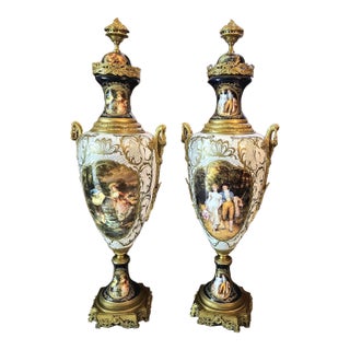 French Style Porcelain Vase With Romantic Couple Artwork, Gold Leaf & Bronze Accents For Sale