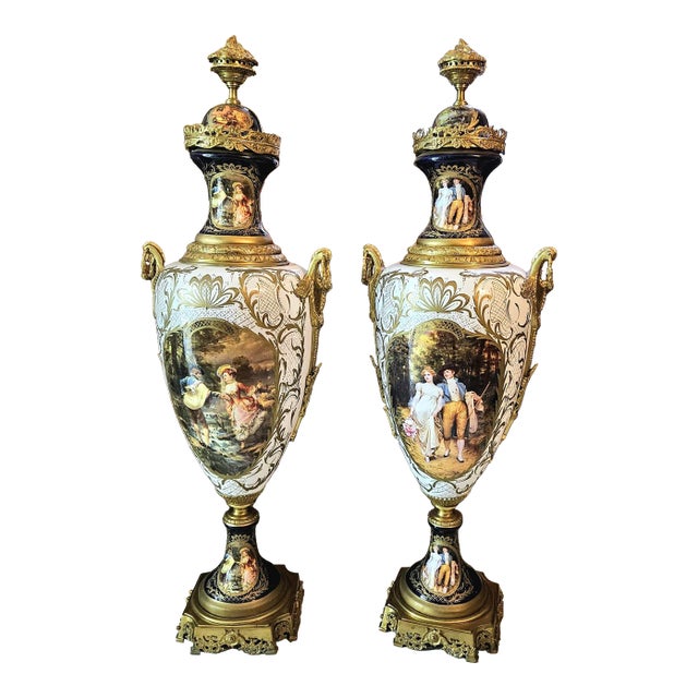 French Style Porcelain Vase With Romantic Couple Artwork, Gold Leaf & Bronze Accents For Sale
