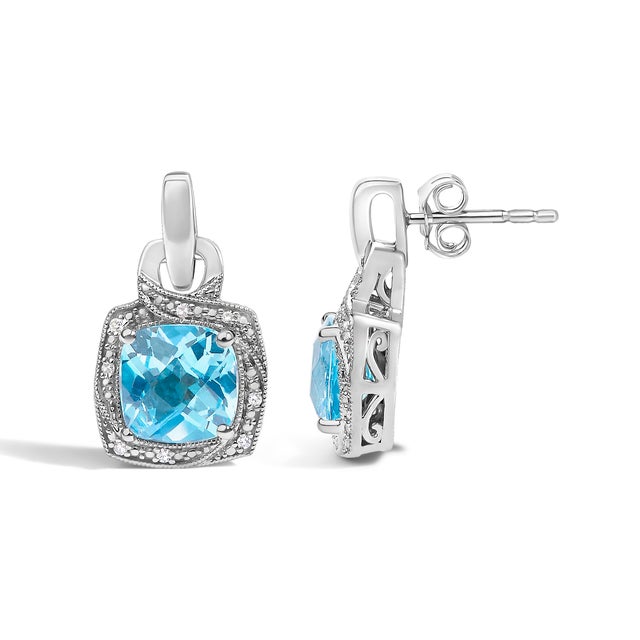 Haus of Brilliance Sterling Silver Cushion Cut Blue Topaz and Diamond Accent Geometric Dangle Earrings For Sale - Image 4 of 4