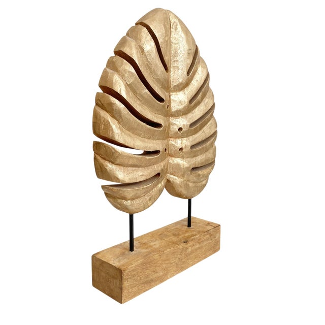 1990s Large Carved Wood Monstera Leaf Sculpture With Gold Paint For Sale - Image 5 of 6