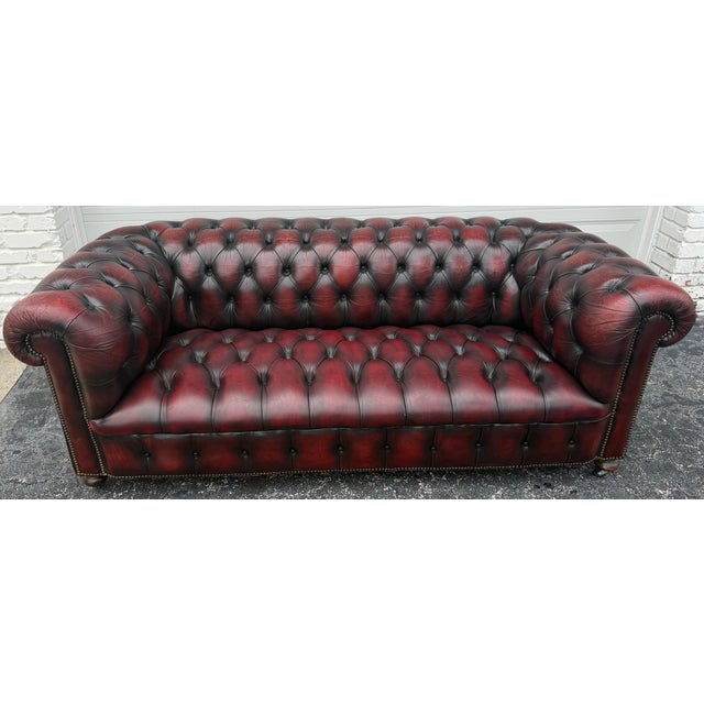 Pair of English Chesterfield Sofas in Burnished Burgundy Leather, Circa 1950s For Sale - Image 12 of 13