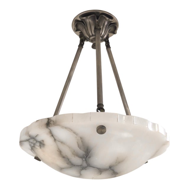 1930s French Art Deco Alabaster Pendant Light, White W/ Charcoal Grey Veining For Sale