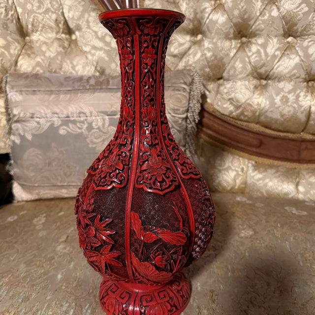 Early 20th Century 12” Chinese Red Carved Lacquer-Style Vase – Floral & Pomegranate Design For Sale In San Francisco - Image 6 of 11